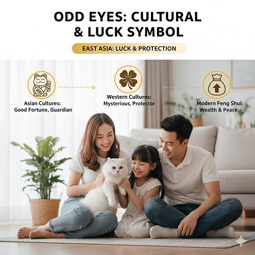 Gia đình ngồi trên sàn nhà ôm mèo Anh lông dài trắng mắt 2 màu – minh họa ý nghĩa phong thủy và văn hóa của mèo odd eyes