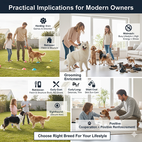 Các chủ nuôi tương tác cùng nhiều giống chó trong nhà, minh họa cách áp dụng hiểu biết về nghề gốc, grooming và huấn luyện tích cực cho chó hiện đại.