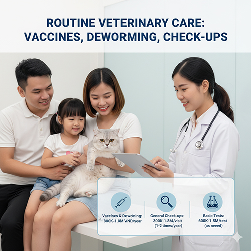 Gia đình đưa mèo Anh lông ngắn đi khám định kỳ tại phòng khám thú y, bác sĩ đang tư vấn và ghi chép thông tin sức khỏe