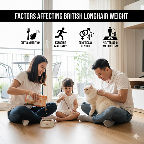 Gia đình cho mèo Anh lông dài ăn và chơi cùng bé nhỏ, minh họa các yếu tố ảnh hưởng đến cân nặng của mèo ALD.