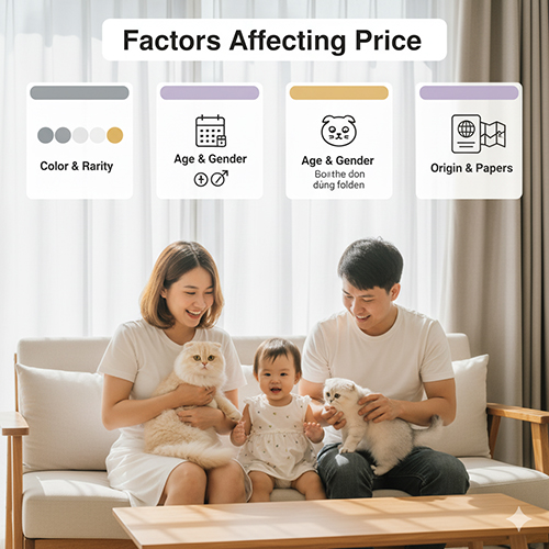 Các yếu tố ảnh hưởng đến giá mèo Anh lông dài tai cụp – màu lông, độ hiếm, độ tuổi, giới tính, mức độ cụp tai và nguồn gốc
