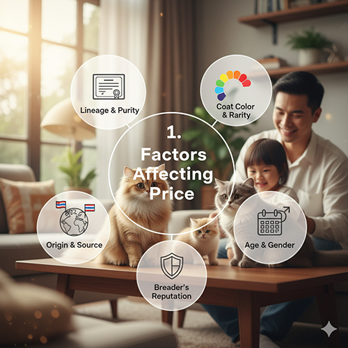 Các yếu tố ảnh hưởng đến giá mèo Anh năm 2025 như màu lông, độ thuần chủng, nguồn gốc và uy tín trại nhân giống