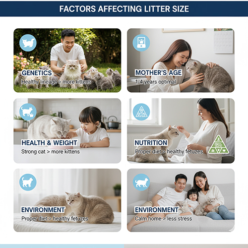 Infographic minh họa các yếu tố ảnh hưởng đến số con mỗi lứa của mèo Anh lông ngắn như gen, tuổi, sức khỏe, dinh dưỡng và môi trường
