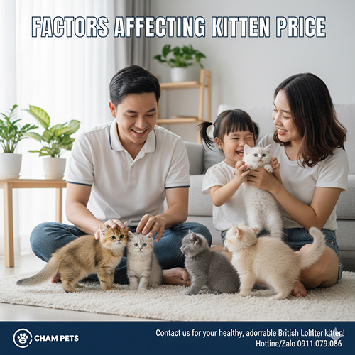 Gia đình trẻ chơi đùa cùng đàn mèo Anh lông dài con nhiều màu sắc trong phòng khách sáng sủa, thể hiện các yếu tố ảnh hưởng đến giá mèo
