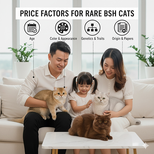 Gia đình vuốt ve ba chú mèo Anh lông dài màu hiếm Golden, Silver và Chocolate – minh họa các yếu tố ảnh hưởng đến giá mèo màu hiếm