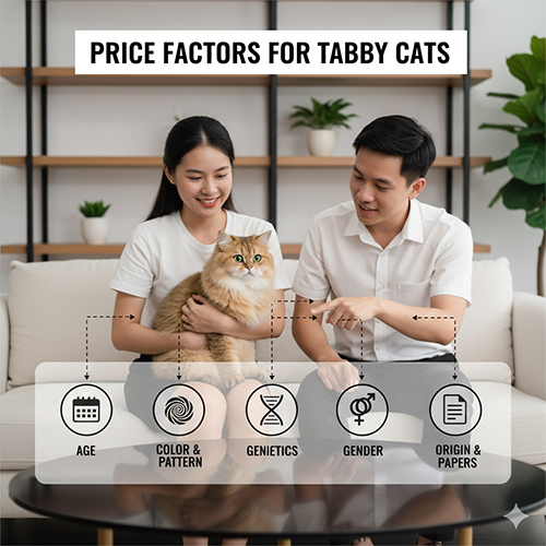 Cặp đôi trẻ ôm mèo Anh lông dài Tabby trong phòng khách – minh họa các yếu tố ảnh hưởng đến giá mèo Tabby 2025