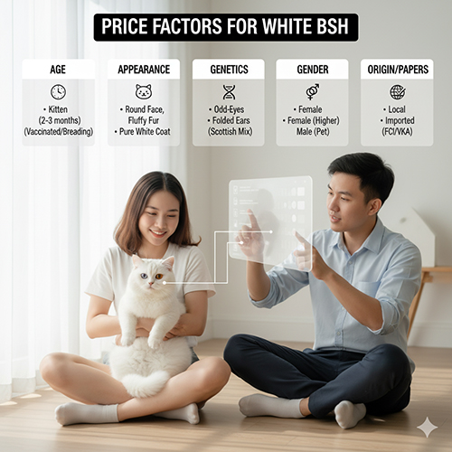 Cặp đôi trẻ Việt Nam trò chuyện và vuốt ve mèo Anh lông dài trắng trong phòng khách, minh họa các yếu tố ảnh hưởng đến giá bán giống mèo này