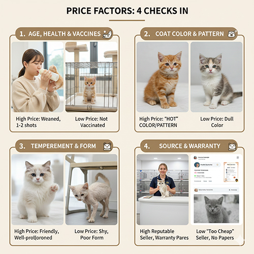 ảnh minh họa 4 nhóm yếu tố ảnh hưởng giá mèo con: tuổi sức khỏe, màu lông, tính cách form, nguồn bán