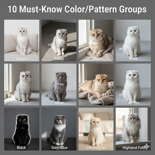 Bộ sưu tập 12 mèo Scottish Fold và Highland Fold với nhiều màu và họa tiết khác nhau như bicolor, tabby, silver, golden, trắng, đen, xám, lilac, cream – minh họa 10 nhóm màu/pattern phổ biến.