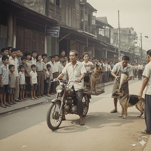 Người đàn ông chạy xe máy chở lồng chó Becgie trên phố, xung quanh là đông người dân đứng xem trong bối cảnh Việt Nam sau 1975
