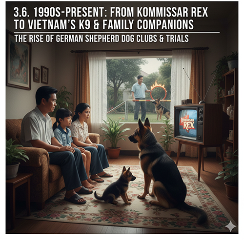 Gia đình Việt Nam xem phim Rex trên TV, phía ngoài sân là cảnh huấn luyện chó Becgie Đức hiện đại với vòng lửa và K9 trainer