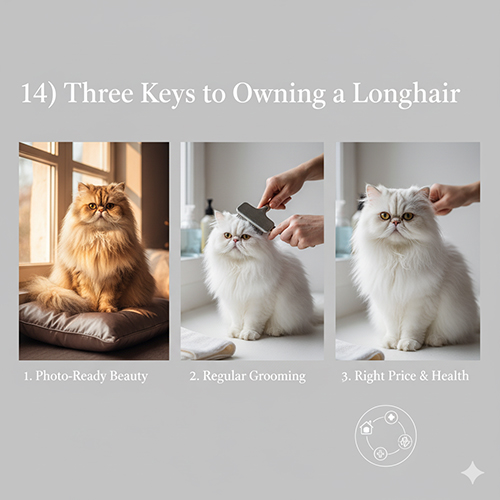 Ba hình minh họa mèo Ba Tư lông dài: pose đẹp trong nắng, được chải lông và bé trắng đứng yên để kiểm tra sức khỏe