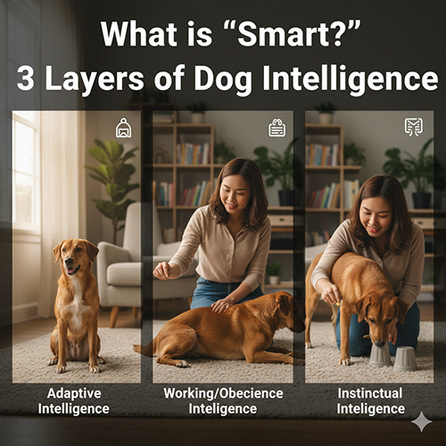 Ba hình minh họa ba lớp trí tuệ của chó: thích nghi, làm việc–vâng lệnh và bản năng; người phụ nữ Việt đang huấn luyện chú chó cỏ trong phòng khách.