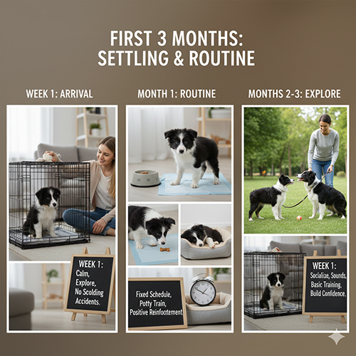 Các giai đoạn 3 tháng đầu của Border Collie con: làm quen tuần đầu, vào nếp tháng 1 và mở rộng trải nghiệm tháng 2–3
