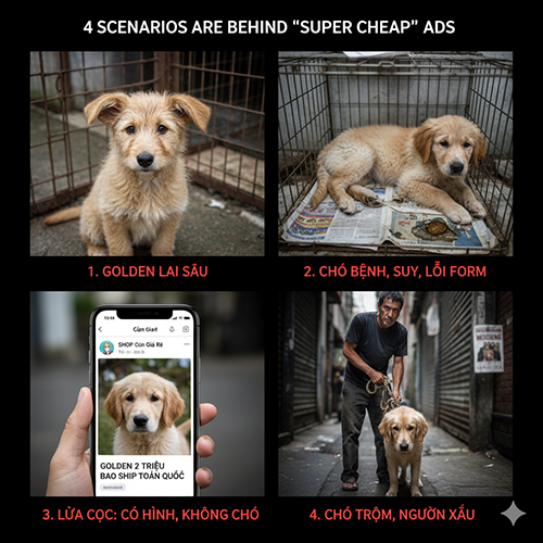 4 kịch bản phía sau tin chó Golden giá rẻ và rủi ro: lai sâu, bệnh suy form, lừa cọc, nguồn chó trộm