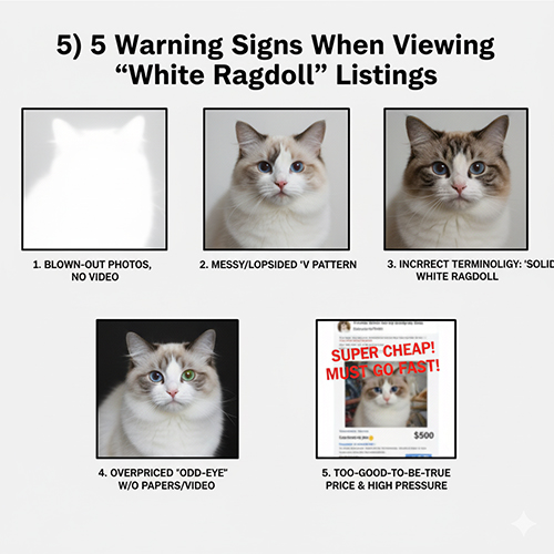 Năm dấu hiệu cảnh giác khi xem tin rao mèo Ragdoll trắng: ảnh cháy sáng, chữ V lệch, gọi tên sai, odd-eye bị đội giá và giá quá rẻ kèm thúc ép cọc.