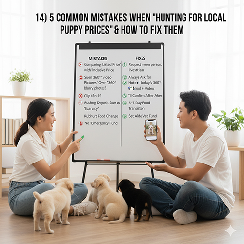 Cặp đôi trẻ cùng bốn chú chó con trước bảng trình bày năm lỗi phổ biến khi săn giá chó cỏ con và cách khắc phục, người đàn ông cầm điện thoại hiển thị hình chú chó.