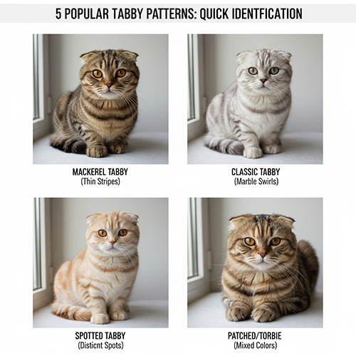 Bốn mèo Scottish Fold với các pattern tabby khác nhau: mackerel, classic, spotted và patched/torbie.
