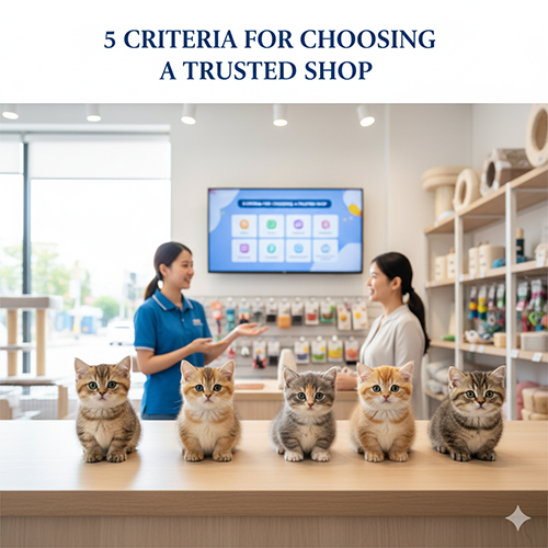 Ảnh minh họa tại pet shop với 5 bé mèo Munchkin trên quầy, nhân viên tư vấn đang trao đổi – nhấn mạnh 5 tiêu chí chọn nơi bán uy tín: minh bạch, hình ảnh video thật, hợp đồng bảo hành, tư vấn có kiến thức, đánh giá khách hàng thật