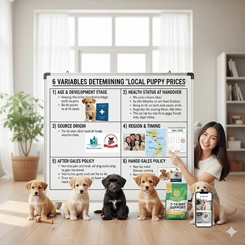 Người phụ nữ ngồi bên bảng trình bày sáu yếu tố quyết định giá chó cỏ con, cùng bốn chú chó con nhiều màu lông khác nhau.