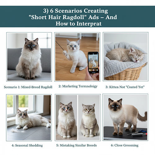 Bộ ảnh minh họa 6 kịch bản dẫn đến tin rao “Ragdoll lông ngắn” như lai, marketing, kitten chưa vào coat, rụng lông mùa, nhầm giống và grooming sát.