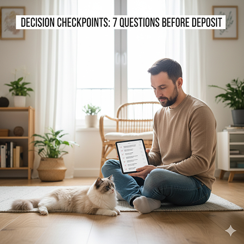 Người đàn ông ngồi trên sàn cầm máy tính bảng kiểm tra checklist cạnh mèo Ragdoll bicolor