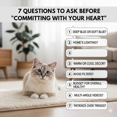 Mèo Ragdoll mắt xanh ngồi trên thảm với danh sách 7 câu hỏi cần tự hỏi trước khi quyết định mua