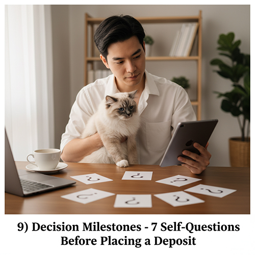 Người đàn ông ngồi cùng mèo Ragdoll sáng màu, xem tablet và các thẻ dấu hỏi, minh họa 7 câu tự hỏi trước khi đặt cọc.