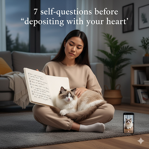 Cô gái ngồi trong phòng cùng mèo Ragdoll, cầm sổ ghi checklist và điện thoại đang mở video bé mèo