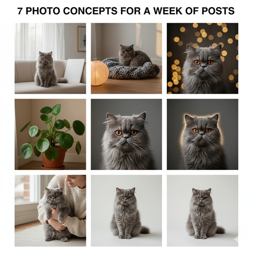 Bộ 7 concept ảnh mèo Ba Tư xám gồm cửa sổ sáng, gỗ sồi và knit, bokeh vàng, rim light, cây xanh, ảnh gia đình và poster minimal