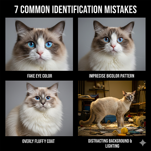 Bộ ảnh minh họa bảy lỗi nhận diện mèo Ragdoll phổ biến như sai màu mắt, pattern bicolor lệch và coat quá xù