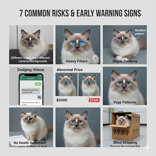 Ảnh minh họa 7 rủi ro khi xem tin rao mèo Ragdoll lai: ảnh mượn, filter nặng, pattern mờ, né gửi clip, giá rẻ bất thường, không bảo hành, ship mù