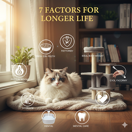 Mèo Ragdoll nằm trên thảm cạnh cây mèo mini, xung quanh là các biểu tượng minh họa 7 yếu tố ảnh hưởng tuổi thọ.