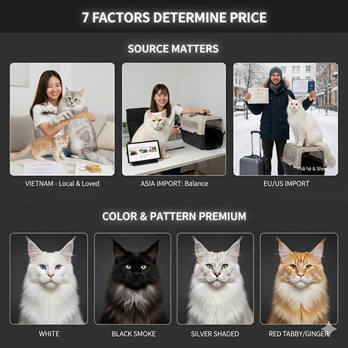 Tổng hợp 7 yếu tố quyết định giá mèo Maine Coon gồm nguồn gốc, giấy tờ, form ngoại hình, màu sắc, giới tính – độ tuổi và sức khỏe