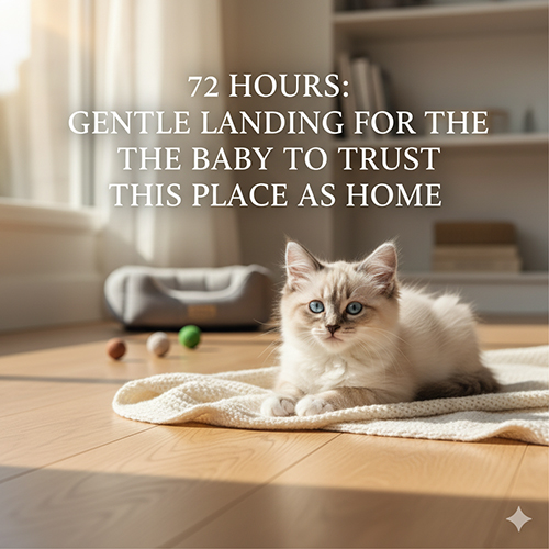 Mèo Ragdoll con nằm trên thảm trong phòng sáng, minh họa giai đoạn 72 giờ đầu làm quen nhà mới