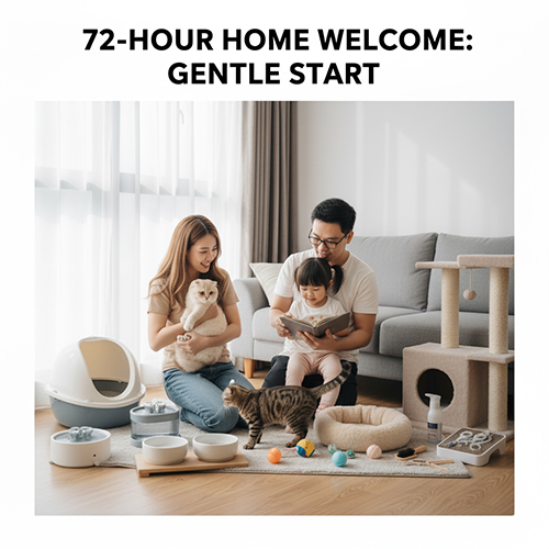 Gia đình giúp mèo làm quen ngôi nhà mới trong 72 giờ đầu, với khu vực riêng an toàn, đồ chơi và không gian yên tĩnh.