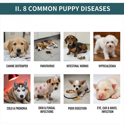 Hình minh họa 8 bệnh thường gặp ở chó con và các dấu hiệu nhận biết sớm