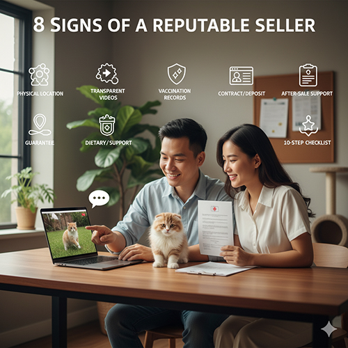 Cặp đôi đang xem hợp đồng và video mèo Scottish Fold trên laptop, minh họa 8 dấu hiệu nhận biết người bán mèo uy tín