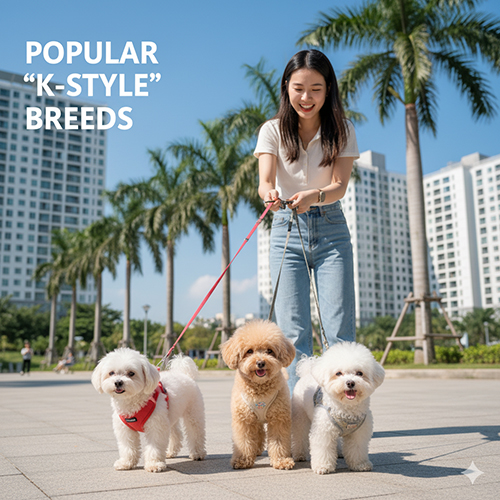 Cô gái dắt ba chú chó nhỏ Maltese và Poodle trên phố hiện đại, thể hiện phong cách nuôi chó Hàn Quốc phổ biến ở đô thị