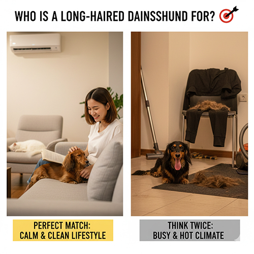 Hai bé Dachshund lông dài trong hai bối cảnh: một bé thư giãn trong phòng mát và một bé ở góc nhà nóng với lông rụng nhiều