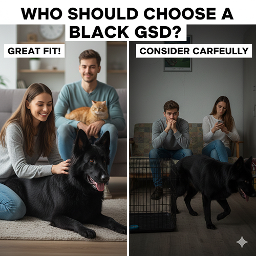 Ảnh so sánh hai hoàn cảnh: gia đình phù hợp với chó Becgie đen và cặp đôi đang căng thẳng vì không hợp giống