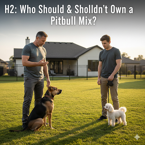 Chó Pitbull lai Becgie ngồi nghe lệnh trong sân vườn, cạnh chủ và một chú chó nhỏ