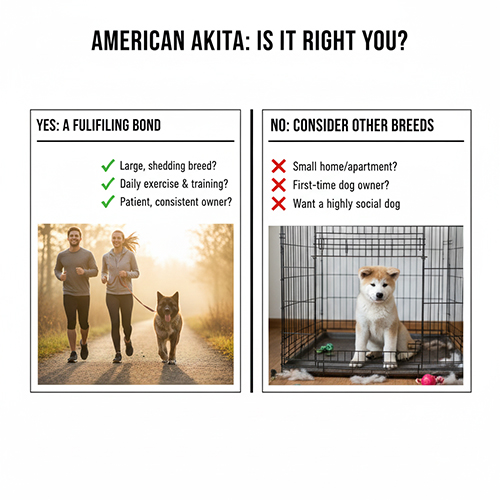 Checklist đánh giá sự phù hợp trước khi nuôi Akita Mỹ, kèm hình minh họa nên và không nên nuôi