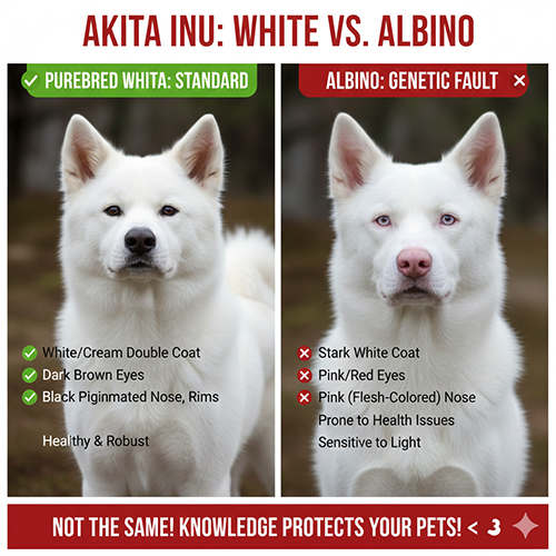 So sánh Akita Inu trắng chuẩn với chó bạch tạng qua màu mắt, mũi và sắc tố da