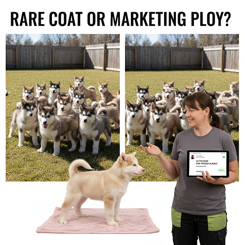 So sánh đàn chó Alaska với một cá thể Alaska hồng phấn minh họa tranh cãi màu hiếm hay chiêu marketing