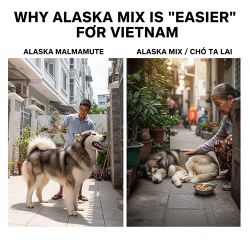 So sánh chó Alaska thuần và Alaska lai chó cỏ trong đời sống nhà phố Việt Nam, khác biệt về chăm sóc và sinh hoạt