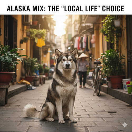 Chó Alaska lai chó ta ngồi trong con hẻm Việt Nam, vóc dáng vừa phải, thích nghi tốt đời sống đô thị