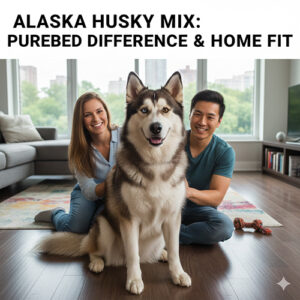 Cho Alaska lai Husky ngoi trong phong khach cung chu, minh hoa su khac biet voi Alaska thuan va do hop voi kieu nha