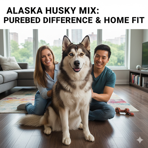 Cho Alaska lai Husky ngoi trong phong khach cung chu, minh hoa su khac biet voi Alaska thuan va do hop voi kieu nha