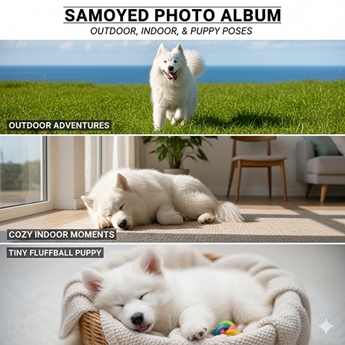 Album hình chó Samoyed đẹp với các khoảnh khắc ngoài trời, trong nhà và cún con ngủ dễ thương